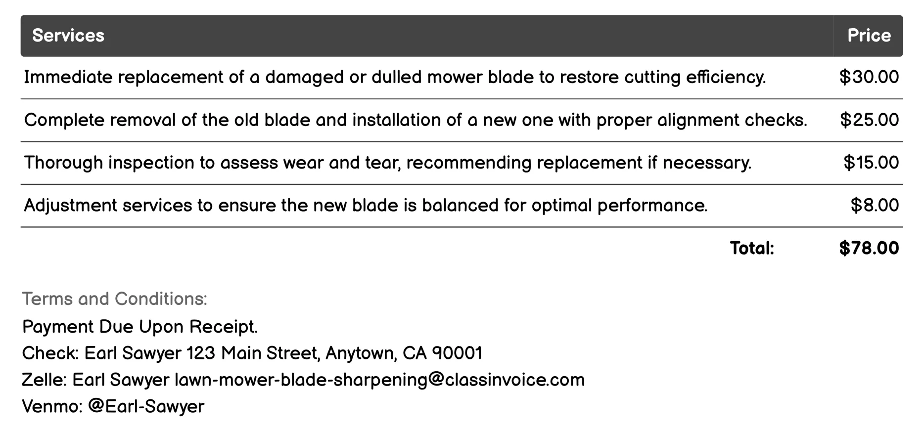 Emergency Blade Replacement Invoice Example