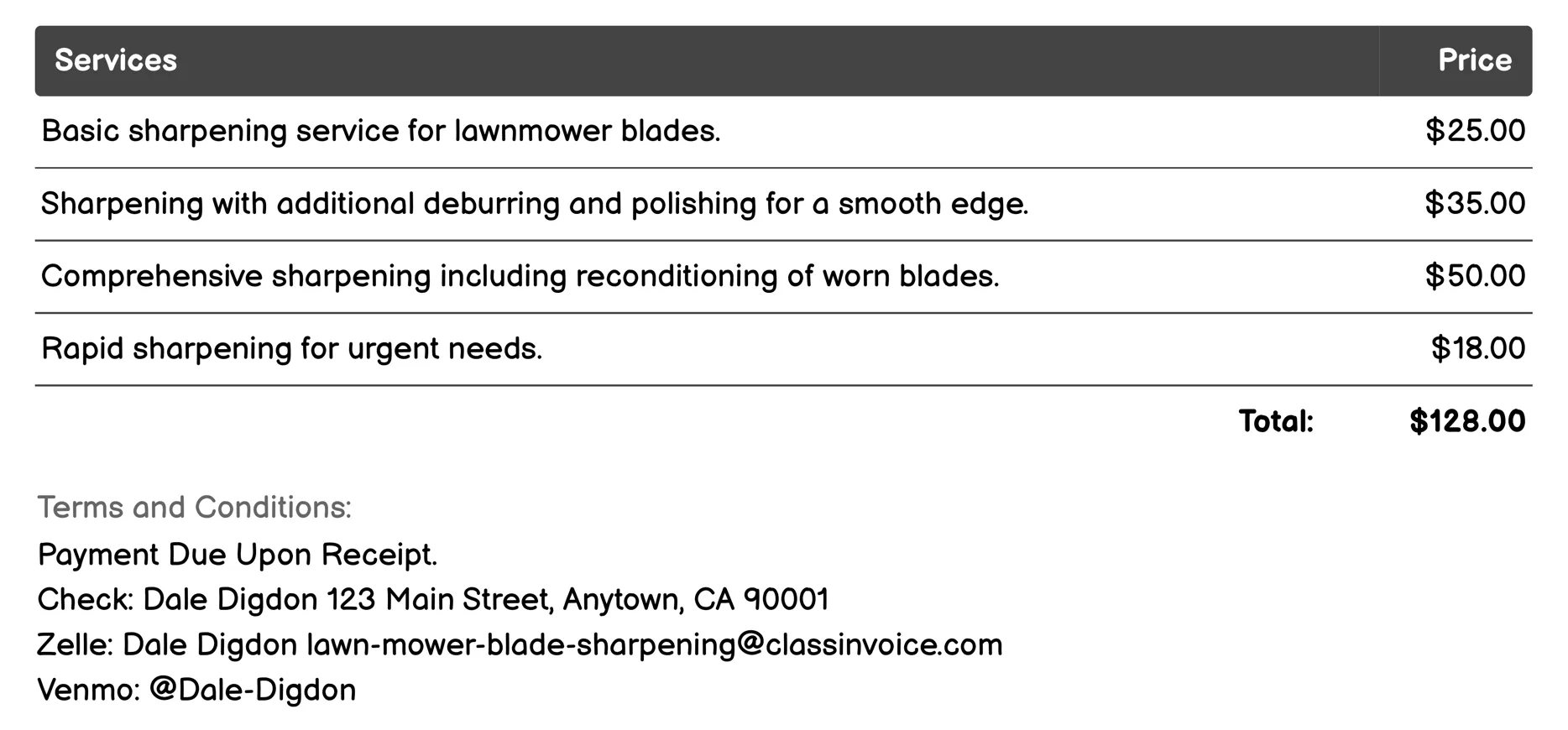 Mobile Sharpening Service Invoice Example