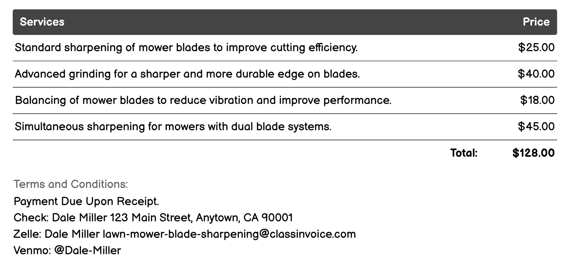 Seasonal Maintenance Package Invoice Example