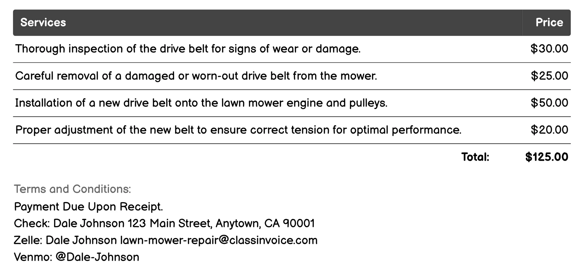 Drive Belt Repair or Replacement Invoice Example