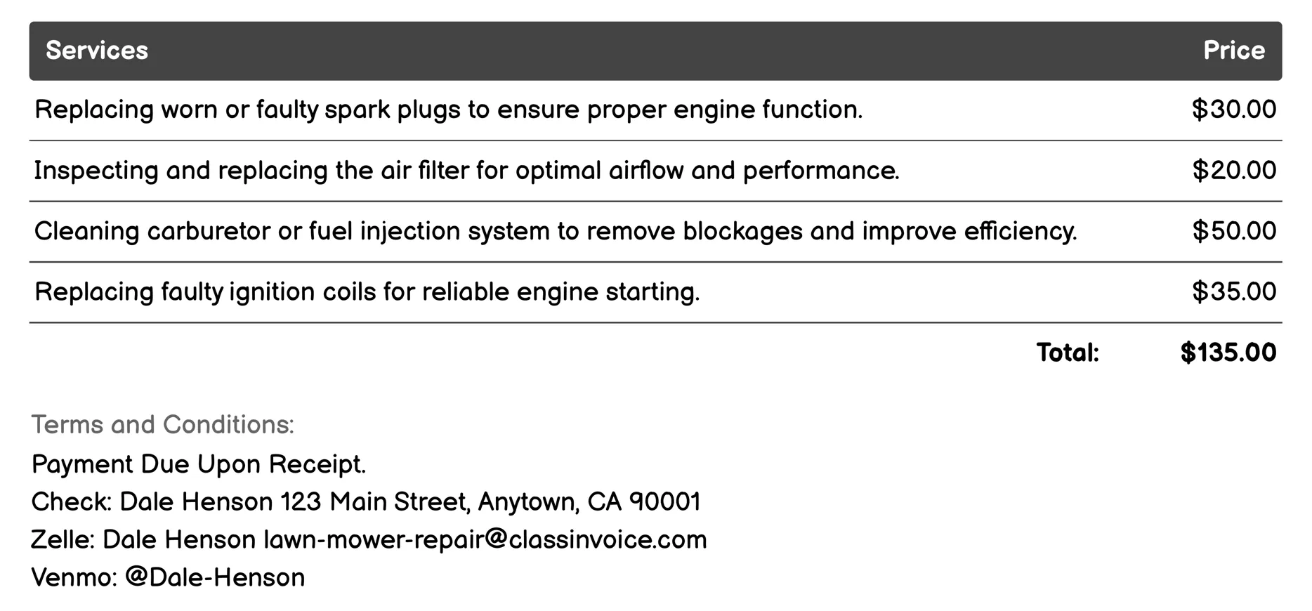 Engine Repair and Tune-Up Invoice Example