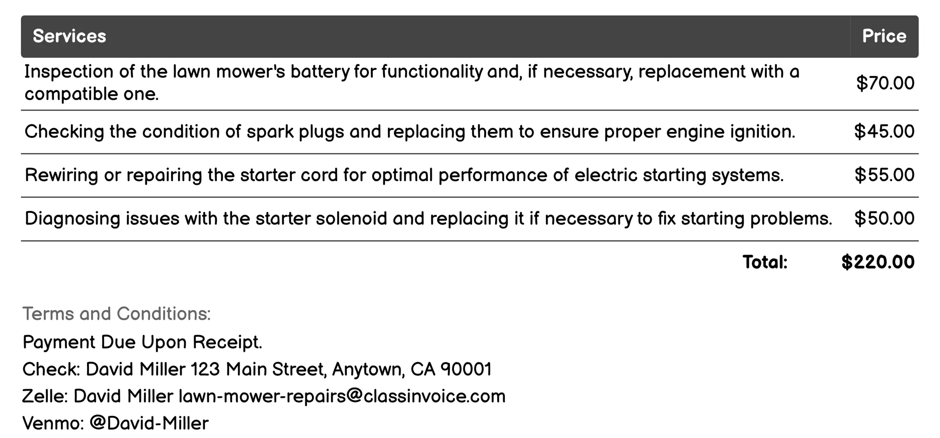 Electrical System Servicing Invoice Example