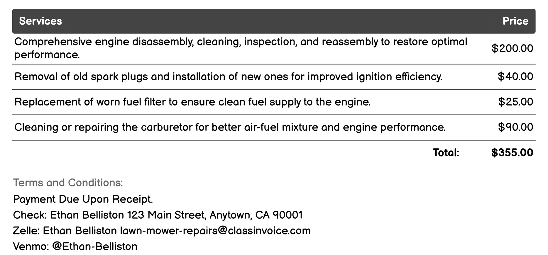 Engine Repair Invoice Example