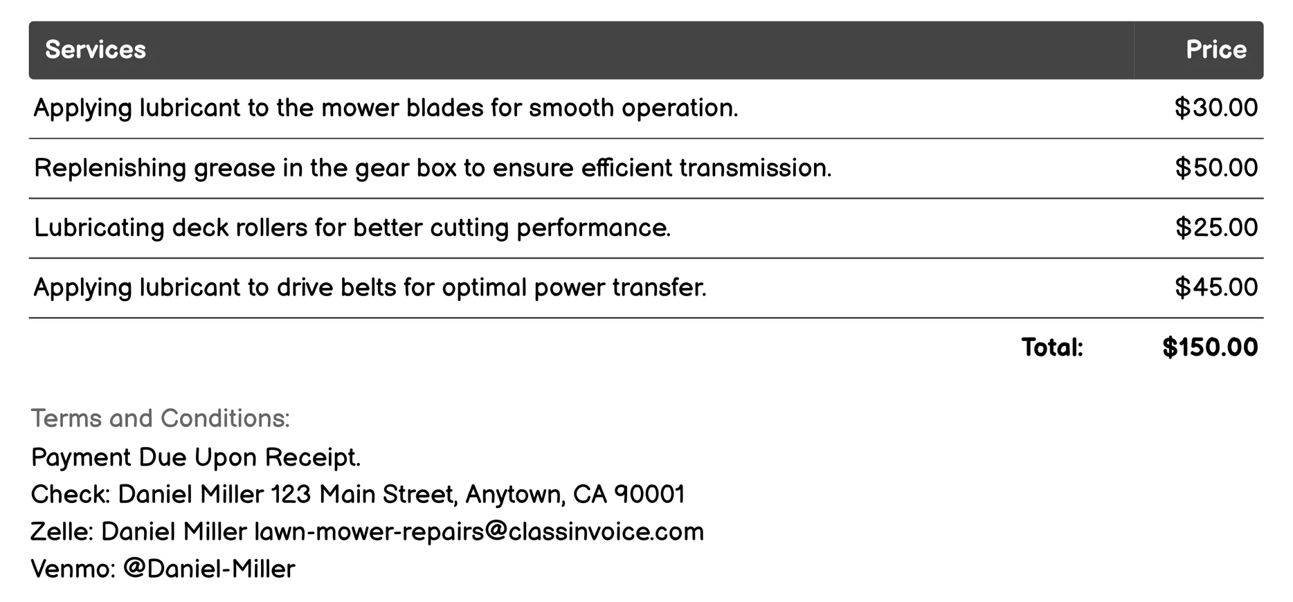 Lubrication Services Invoice Example