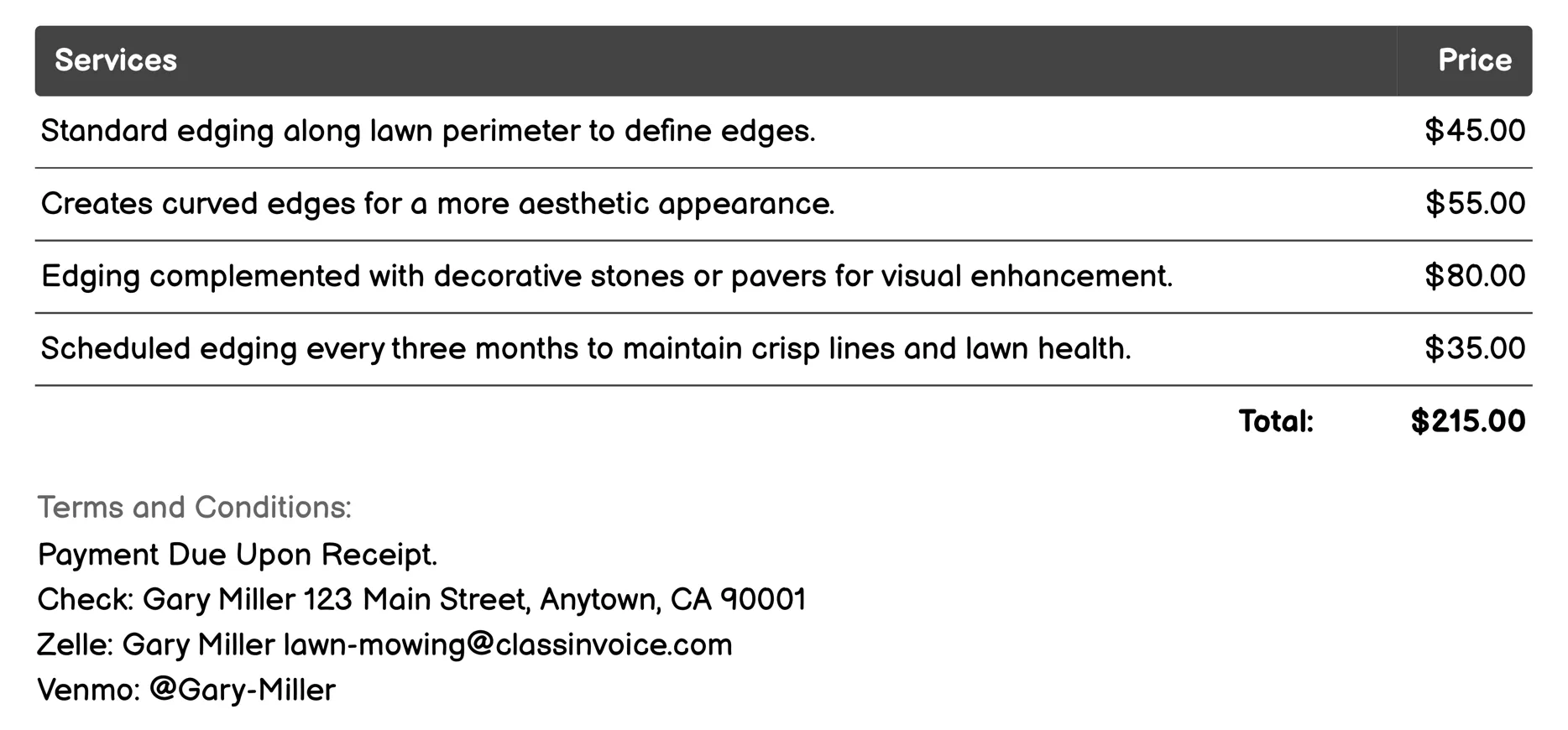 Lawn Edging Services Invoice Example