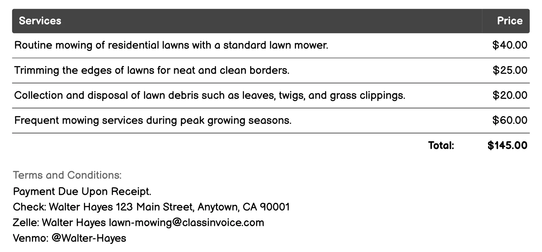 Lawn Mowing and Debris Removal Invoice Example