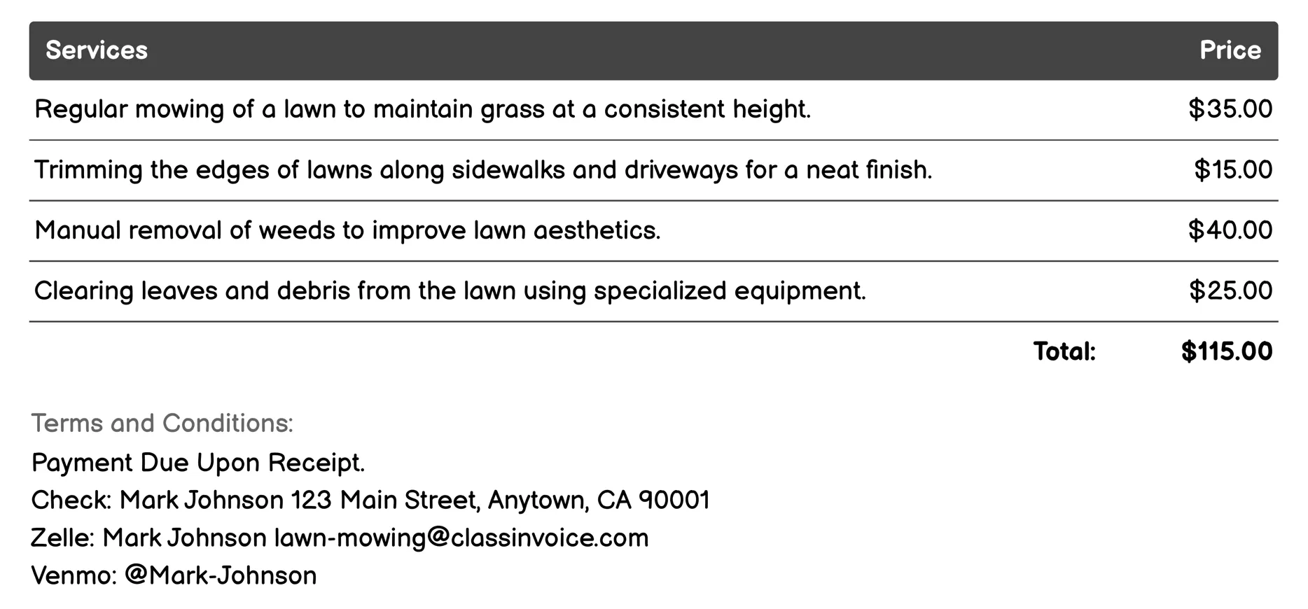 Precision Mowing Services Invoice Example