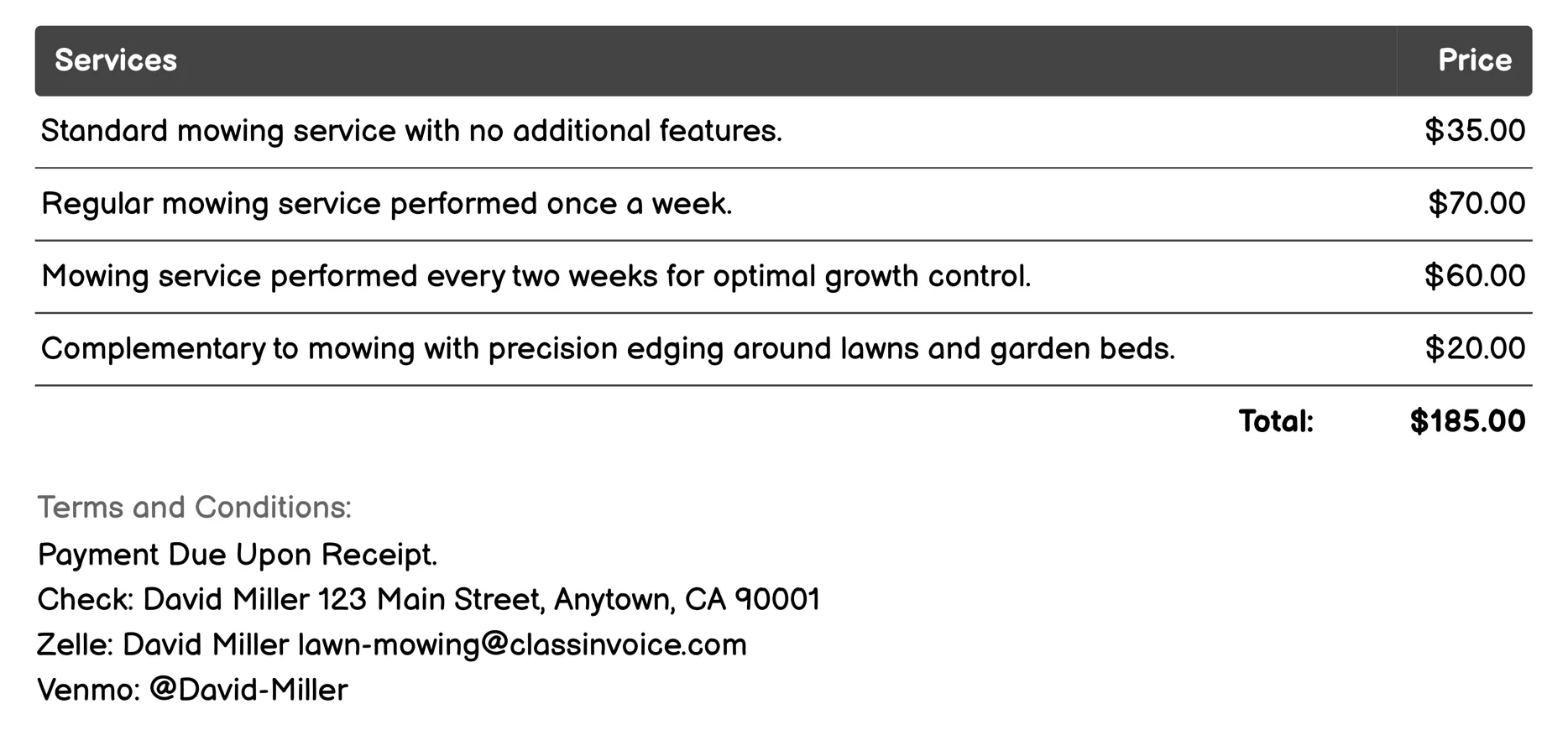 Seasonal Mowing Services Invoice Example
