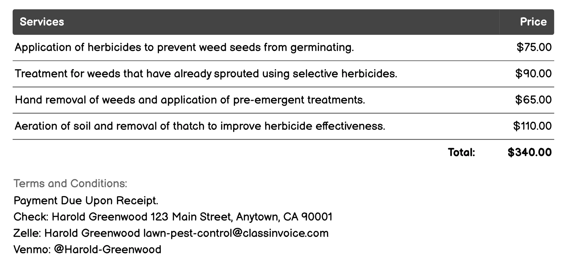 Weed Control Invoice Example