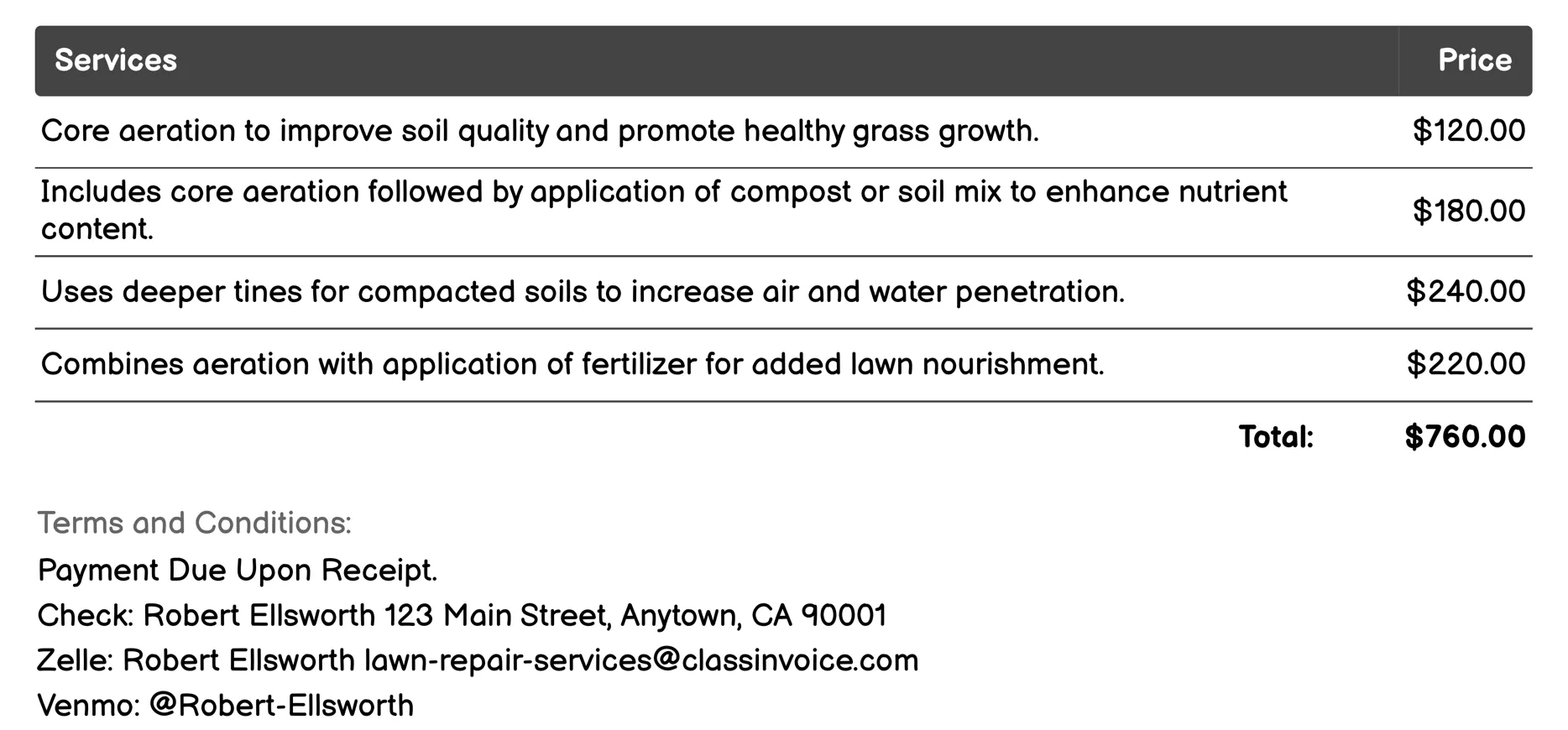Aeration Invoice Example