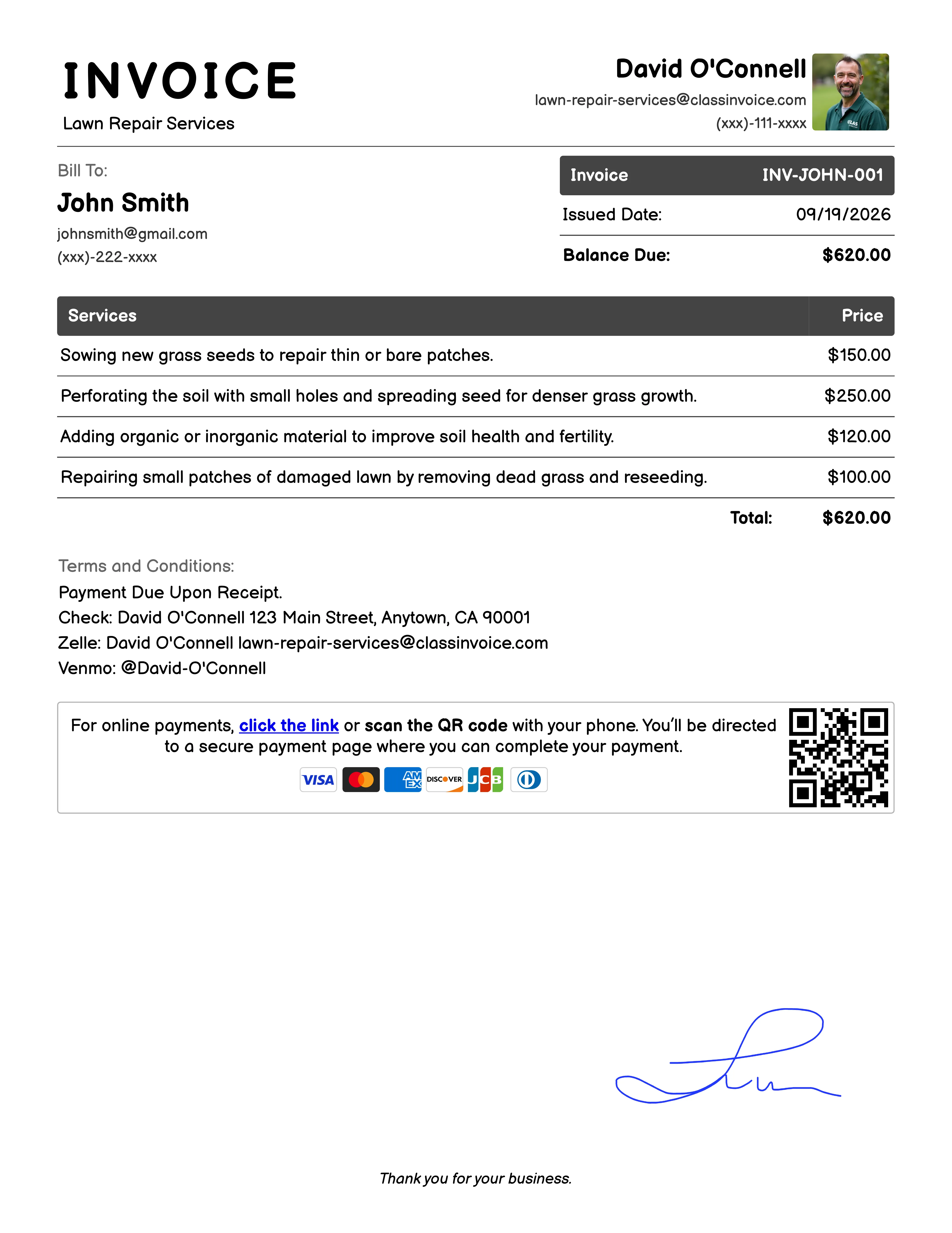 Lawn Repair Services Invoice Example