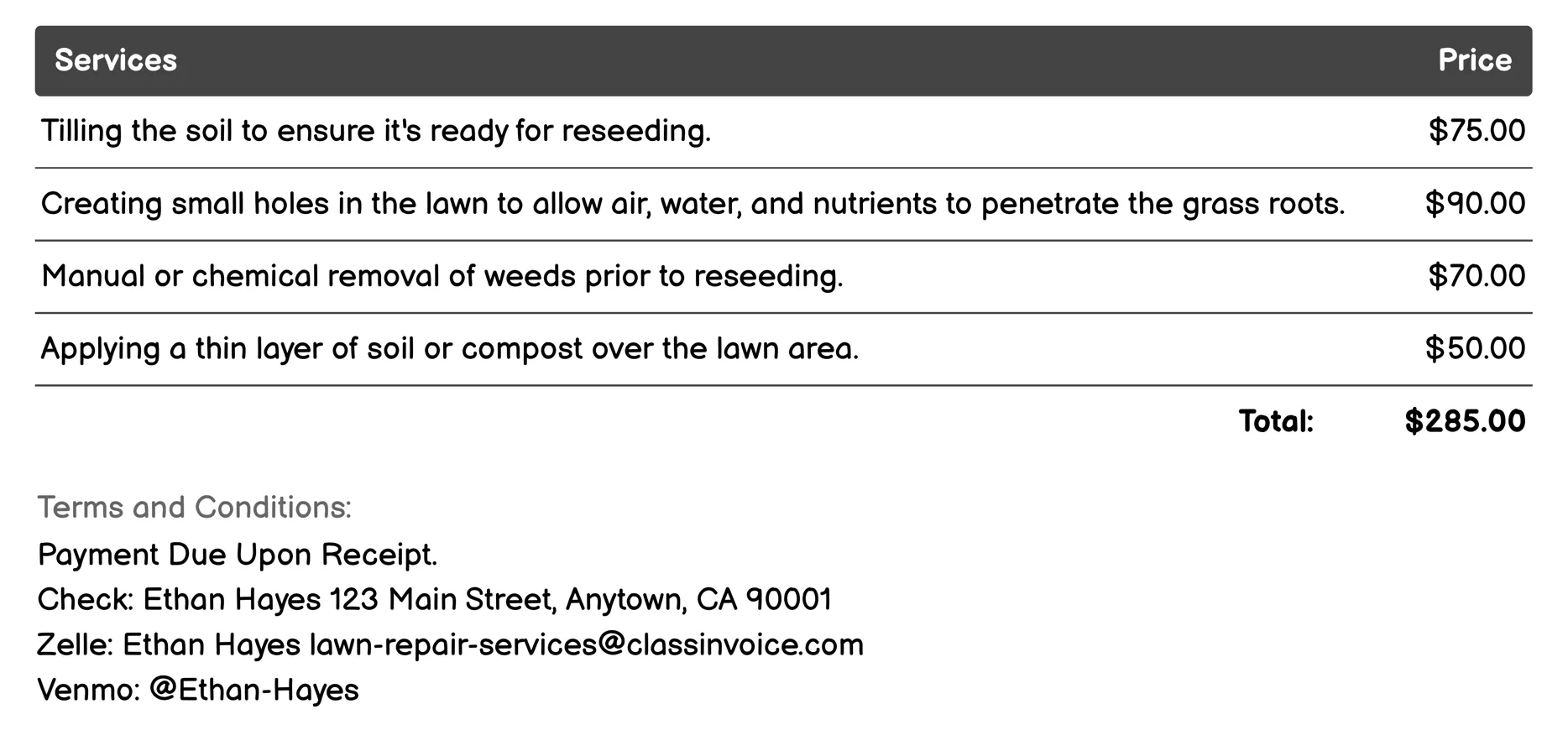 Lawn Reseeding Invoice Example