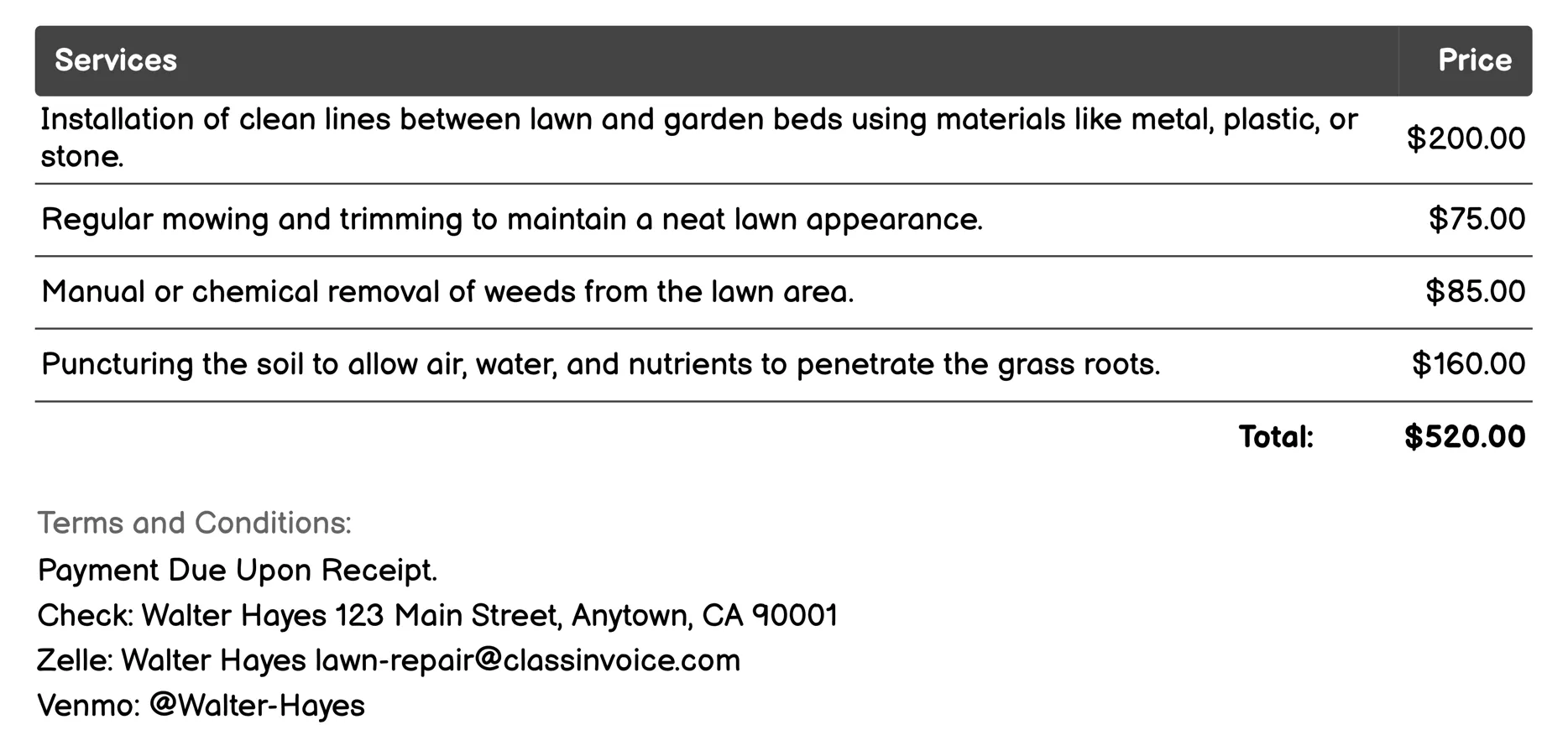 Edging and Landscaping Invoice Example
