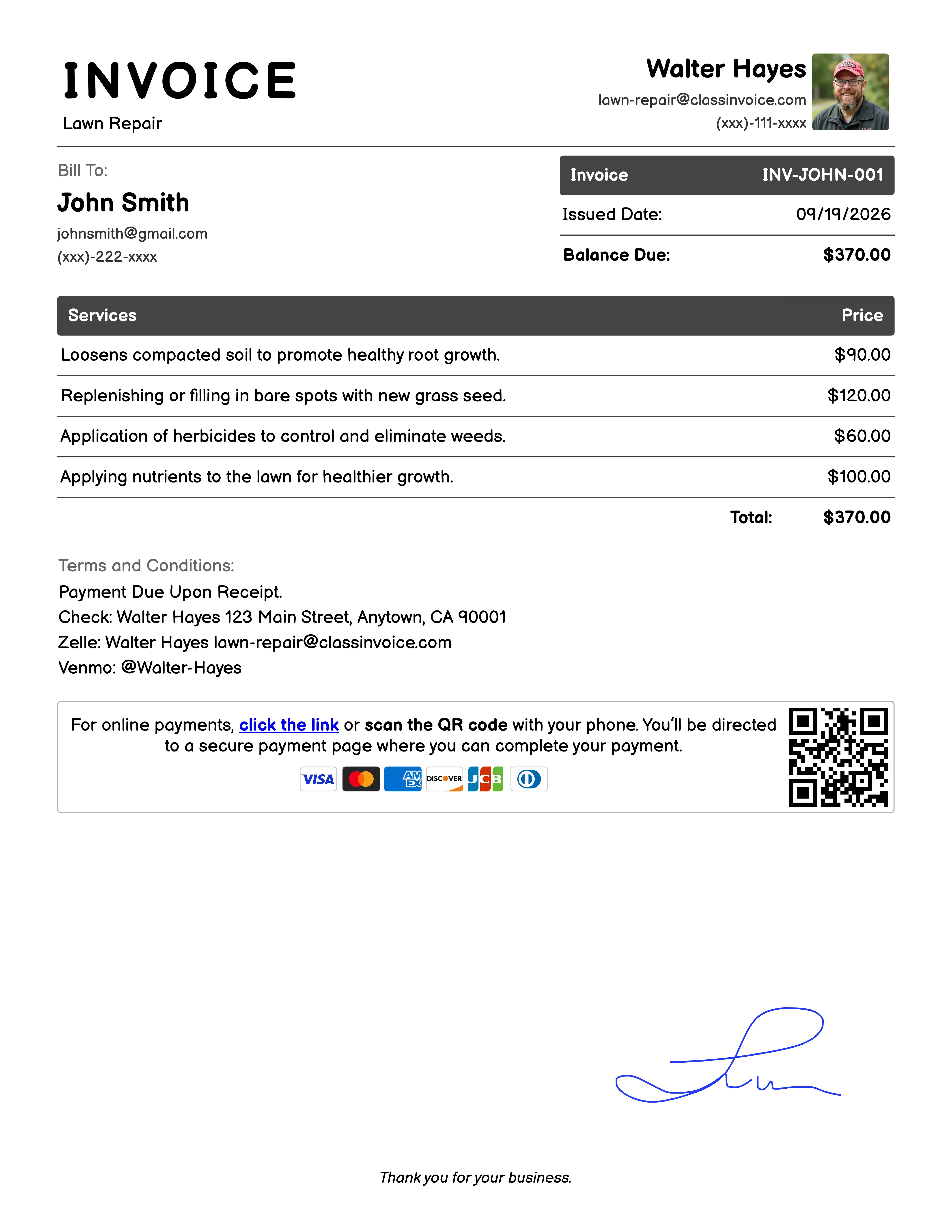 Lawn Repair Invoice Example