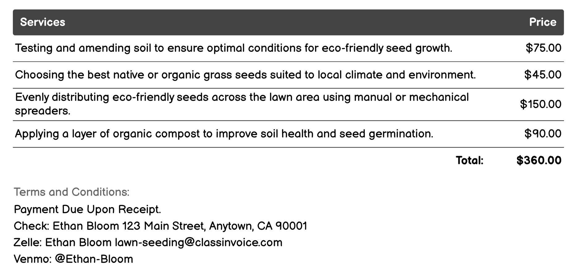 Eco-Friendly Lawn Seeding Invoice Example