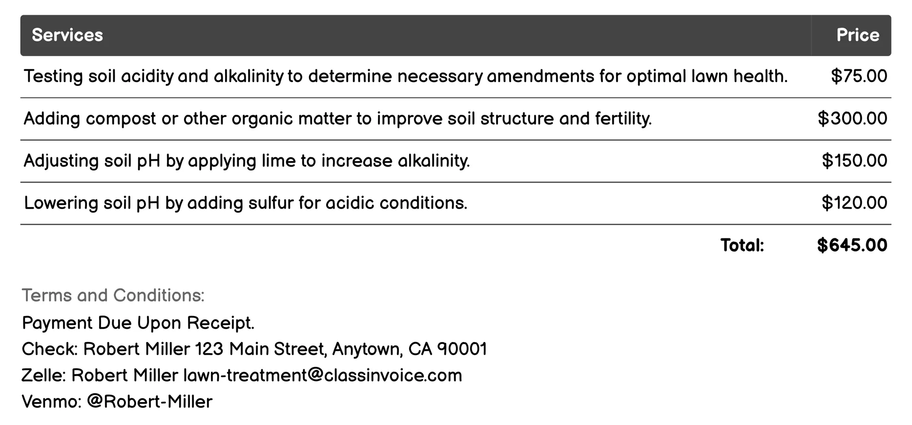 Soil Conditioning Invoice Example