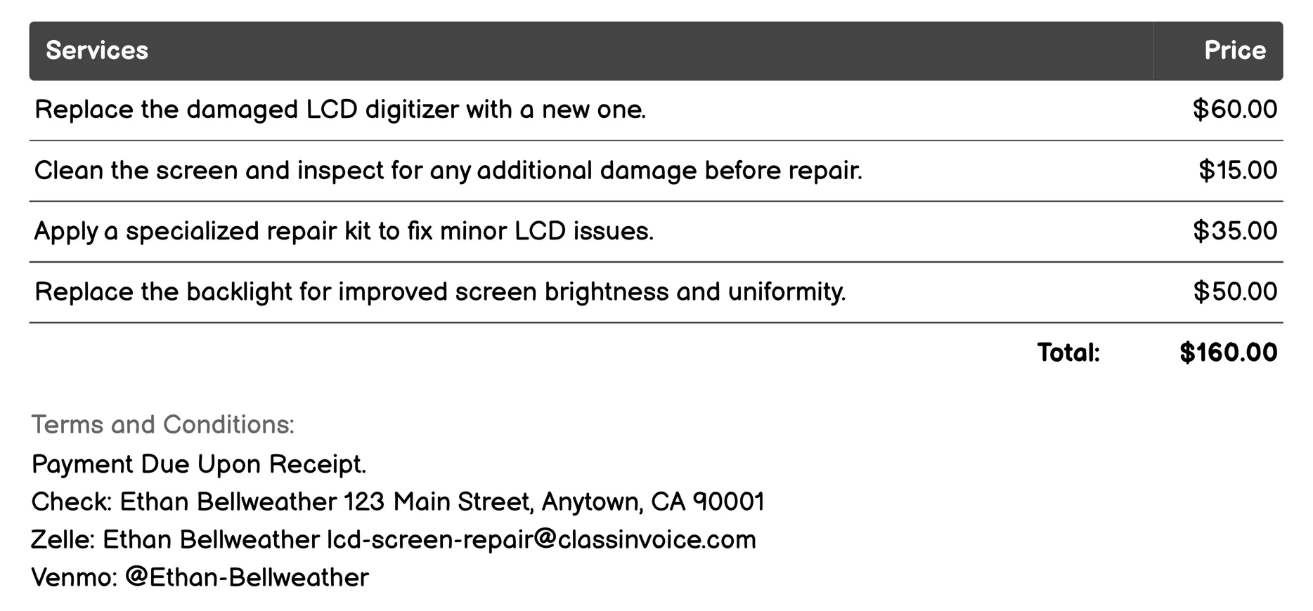 LCD Digitizer Replacement Invoice Example