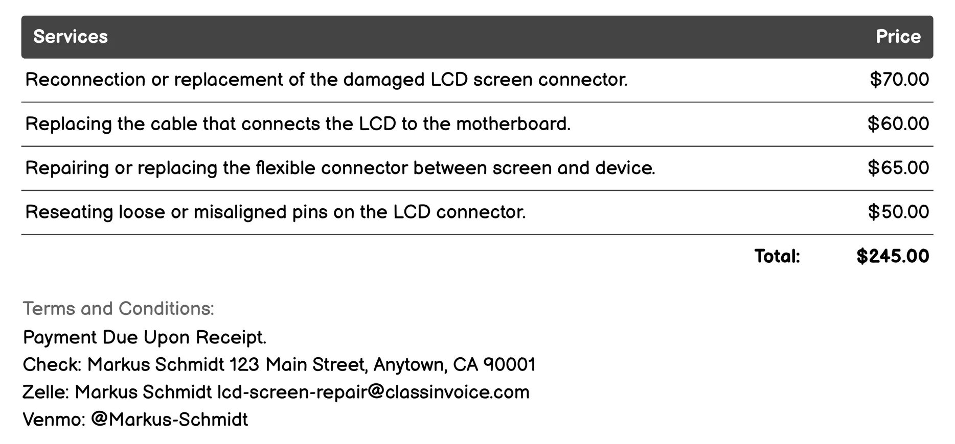Screen Connector Repair Invoice Example