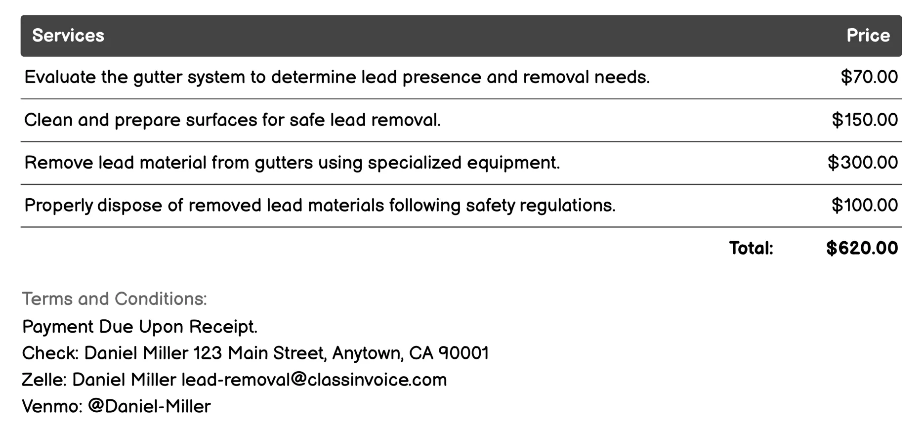 Gutter Lead Removal Invoice Example