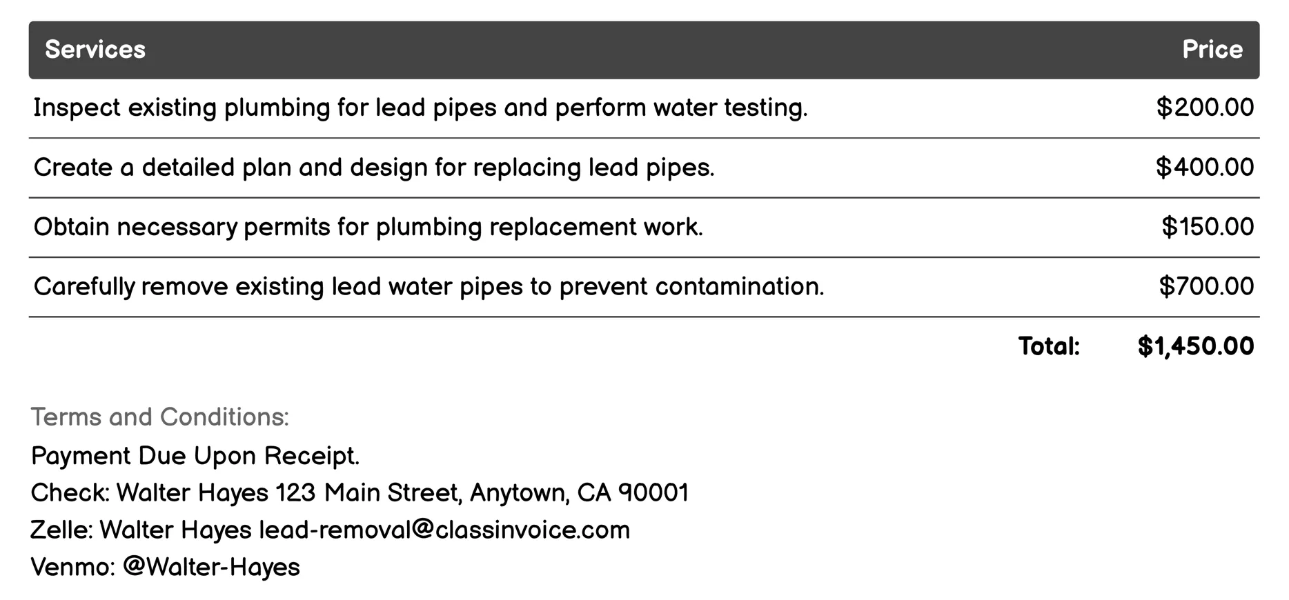Lead Water Pipe Replacement Invoice Example
