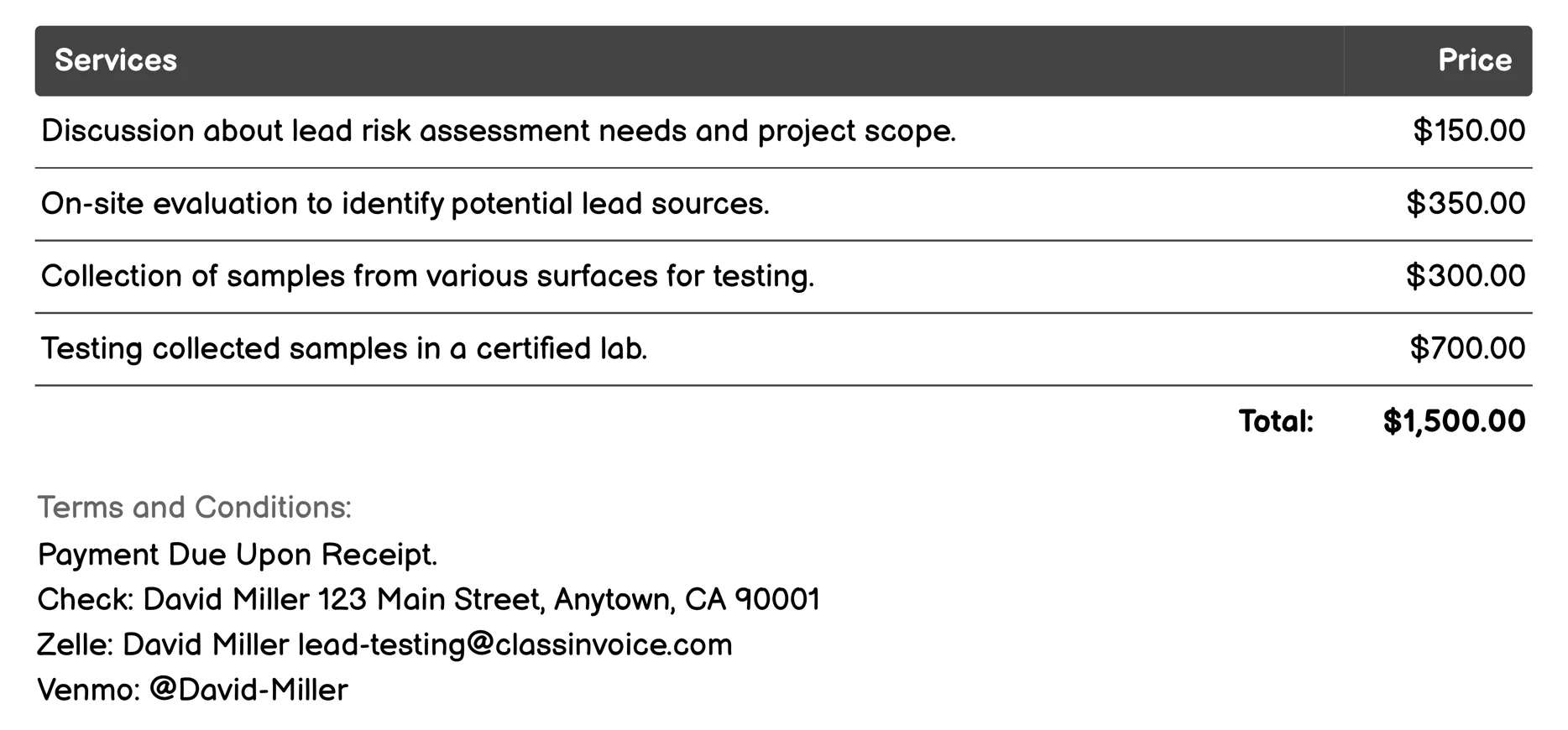 Lead Risk Assessment Invoice Example