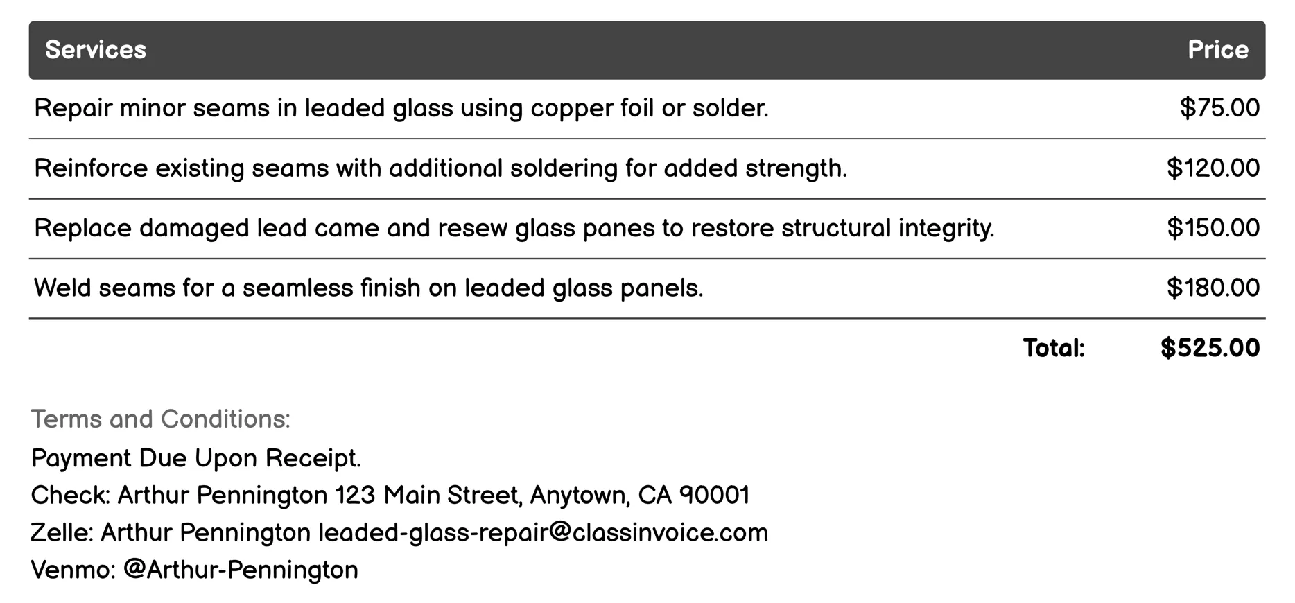 Seam Repair Invoice Example