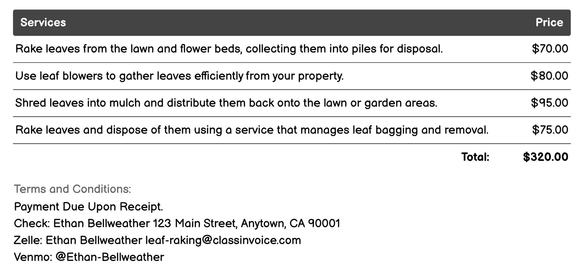 Seasonal Leaf Removal Invoice Example