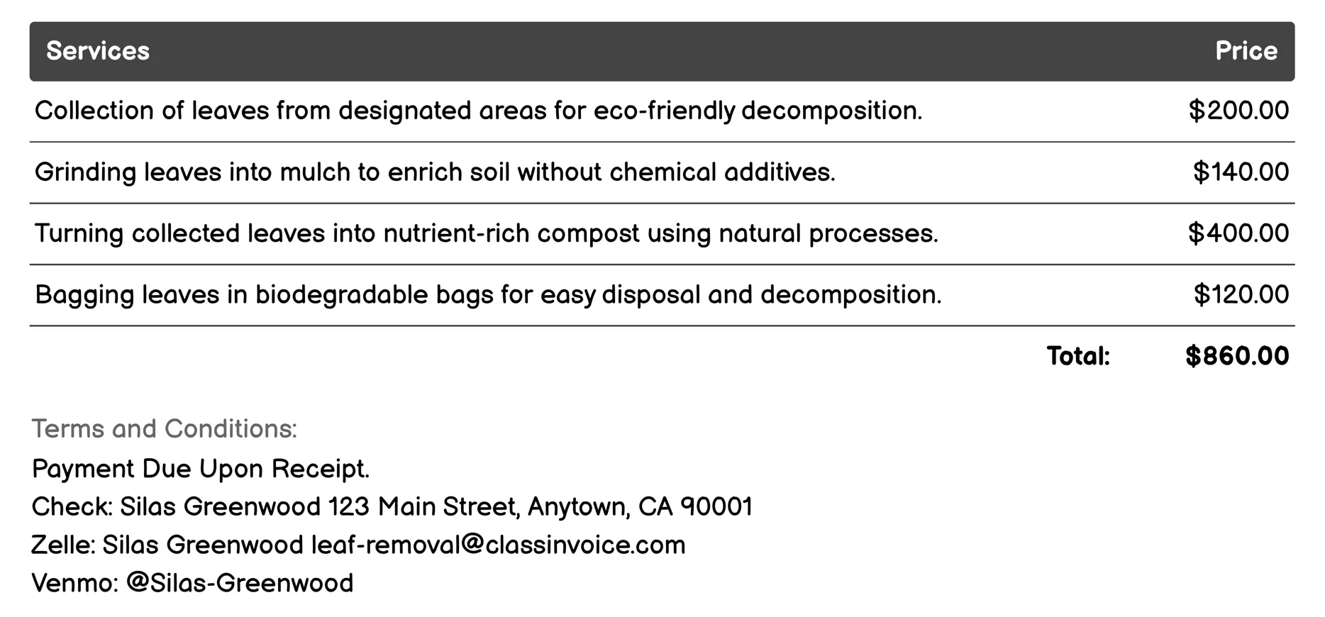 Eco-Friendly Leaf Decomposition Services Invoice Example