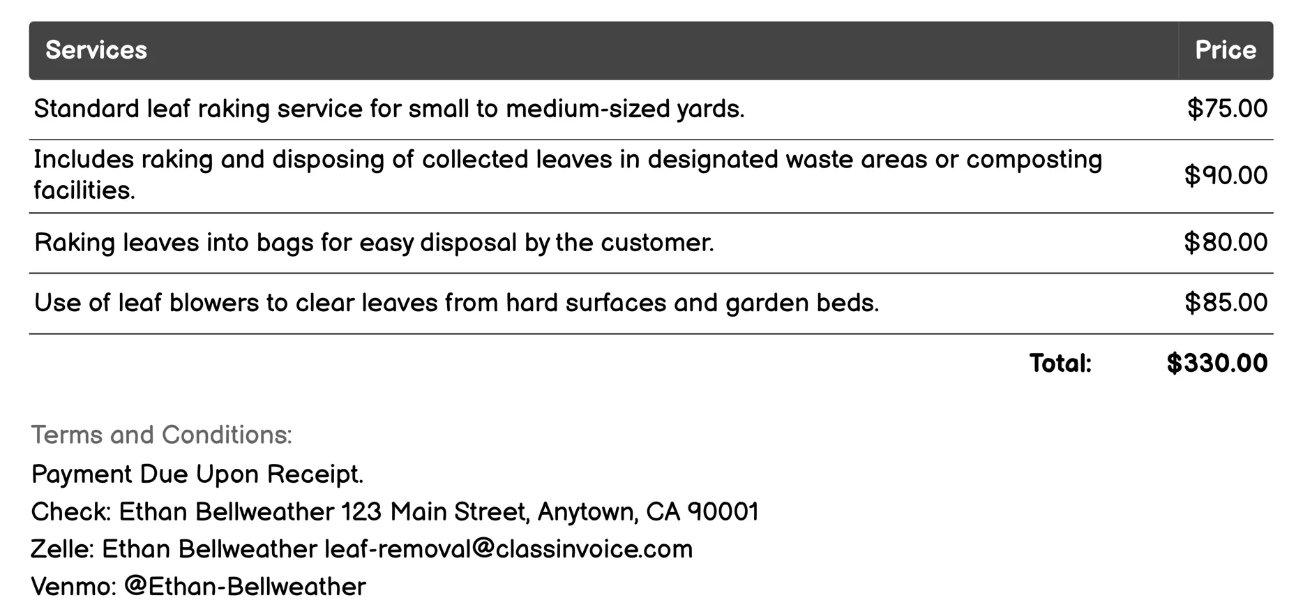 Leaf Raking Invoice Example