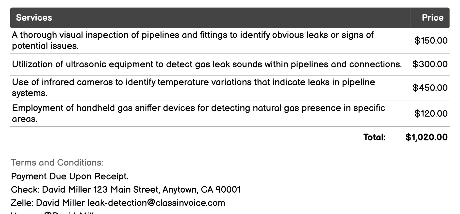 Natural Gas Leak Detection Invoice Example