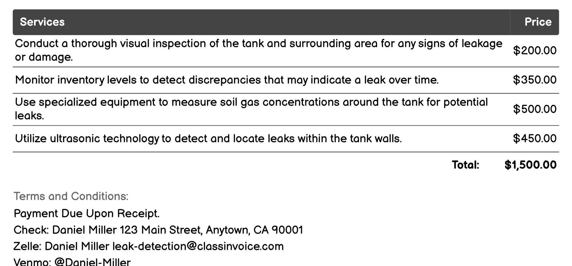 Underground Storage Tank Leak Detection Invoice Example