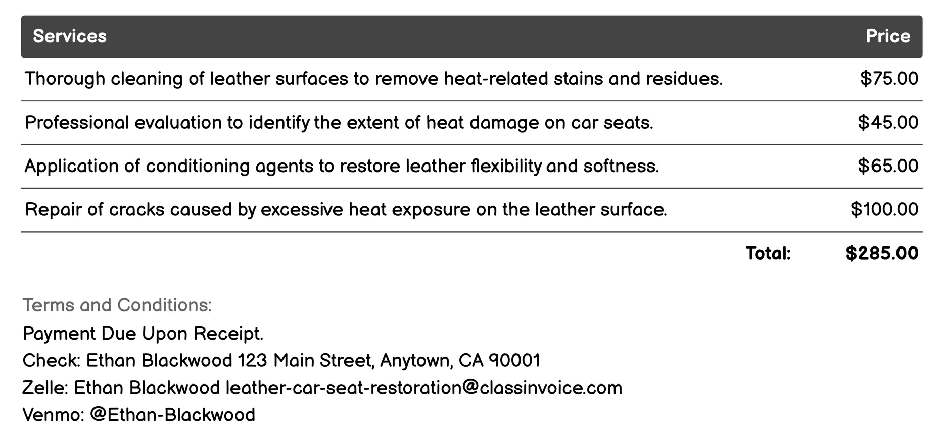 Heat Damage Restoration Invoice Example
