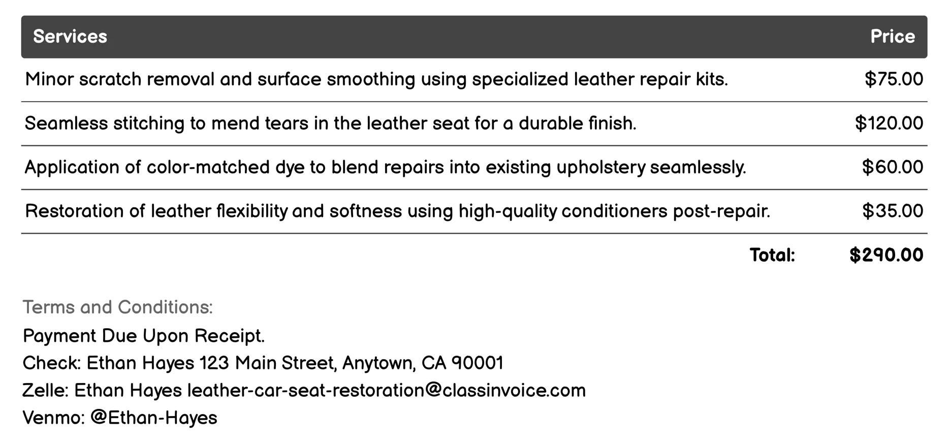 Repair of Tears and Scratches Invoice Example