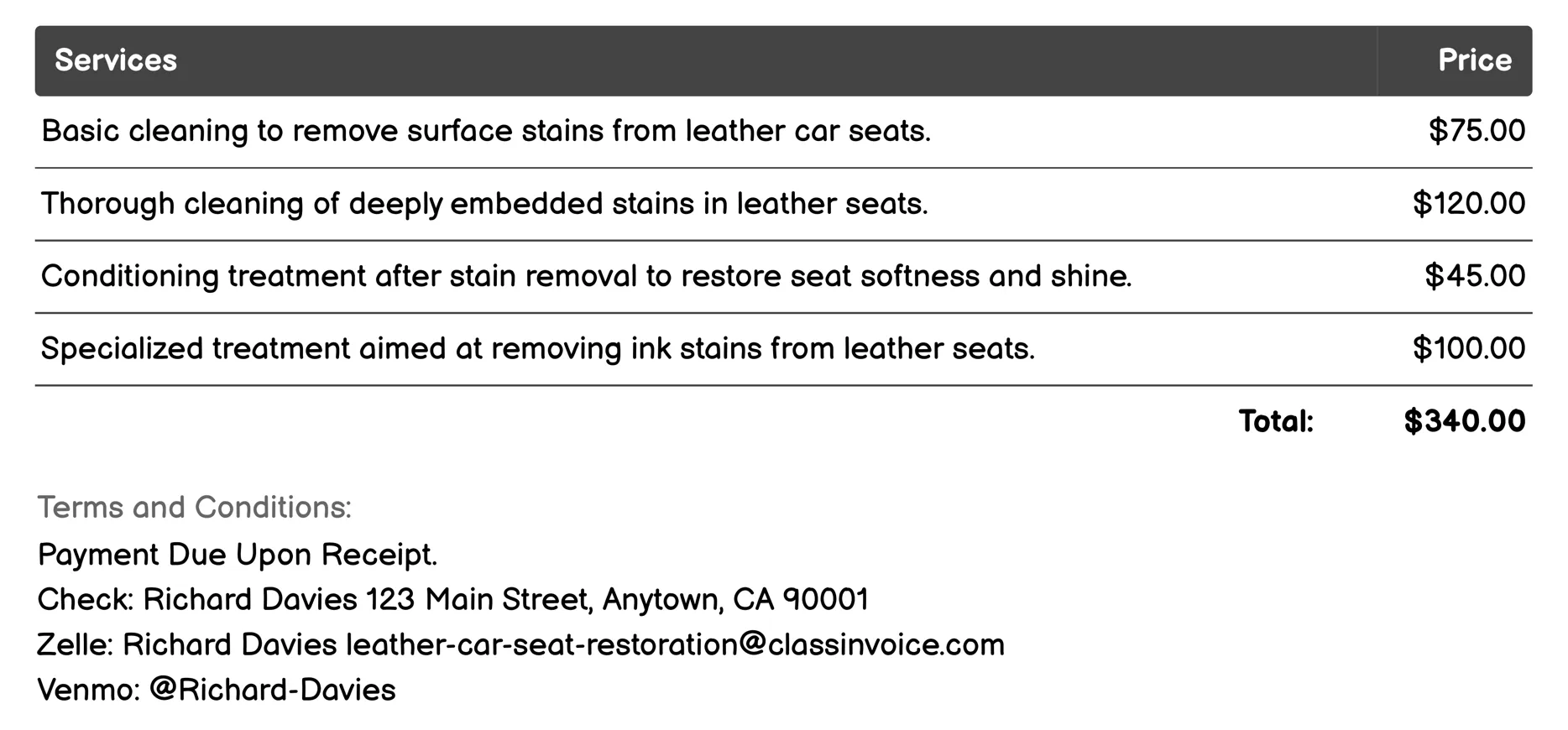 Stain Removal Invoice Example