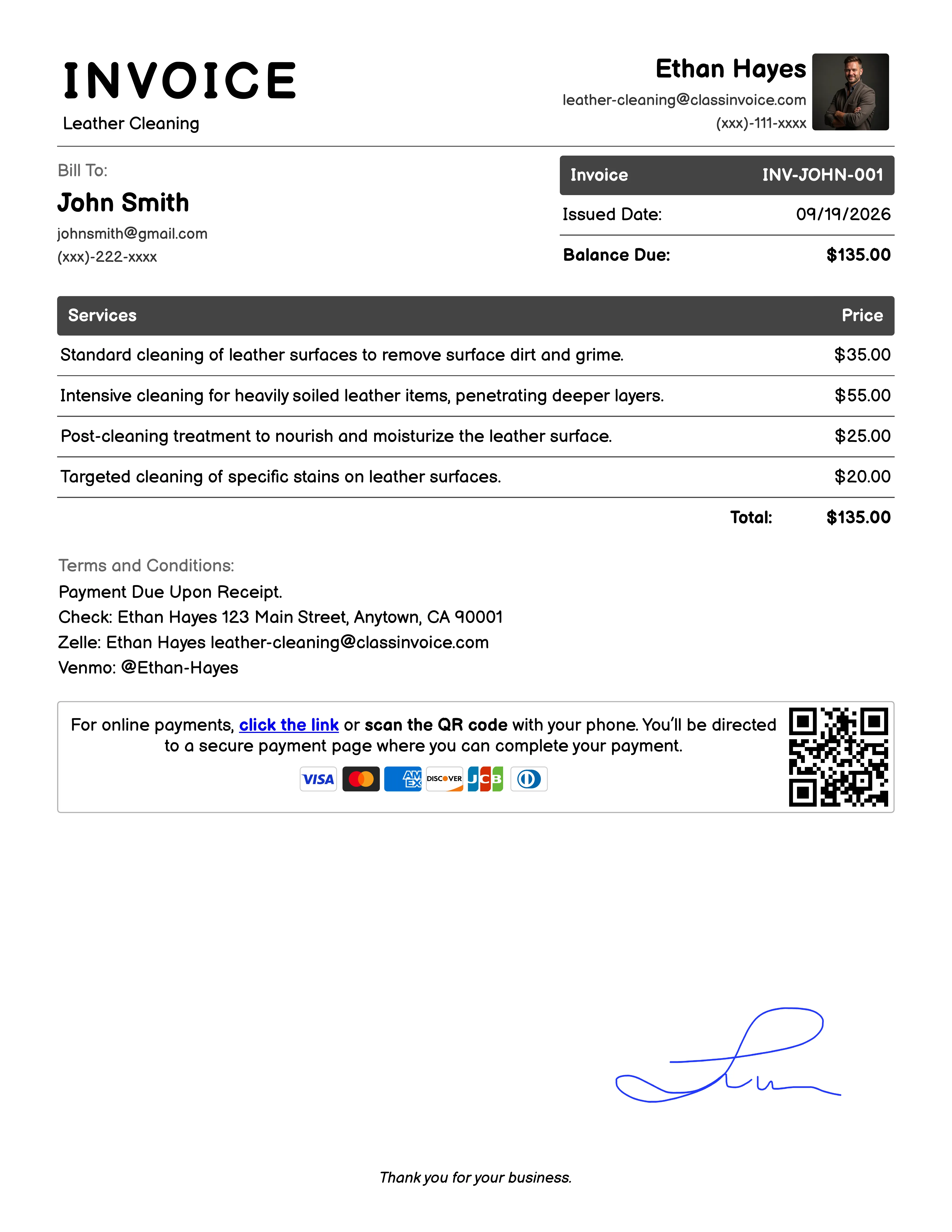 Leather Cleaning Invoice Example