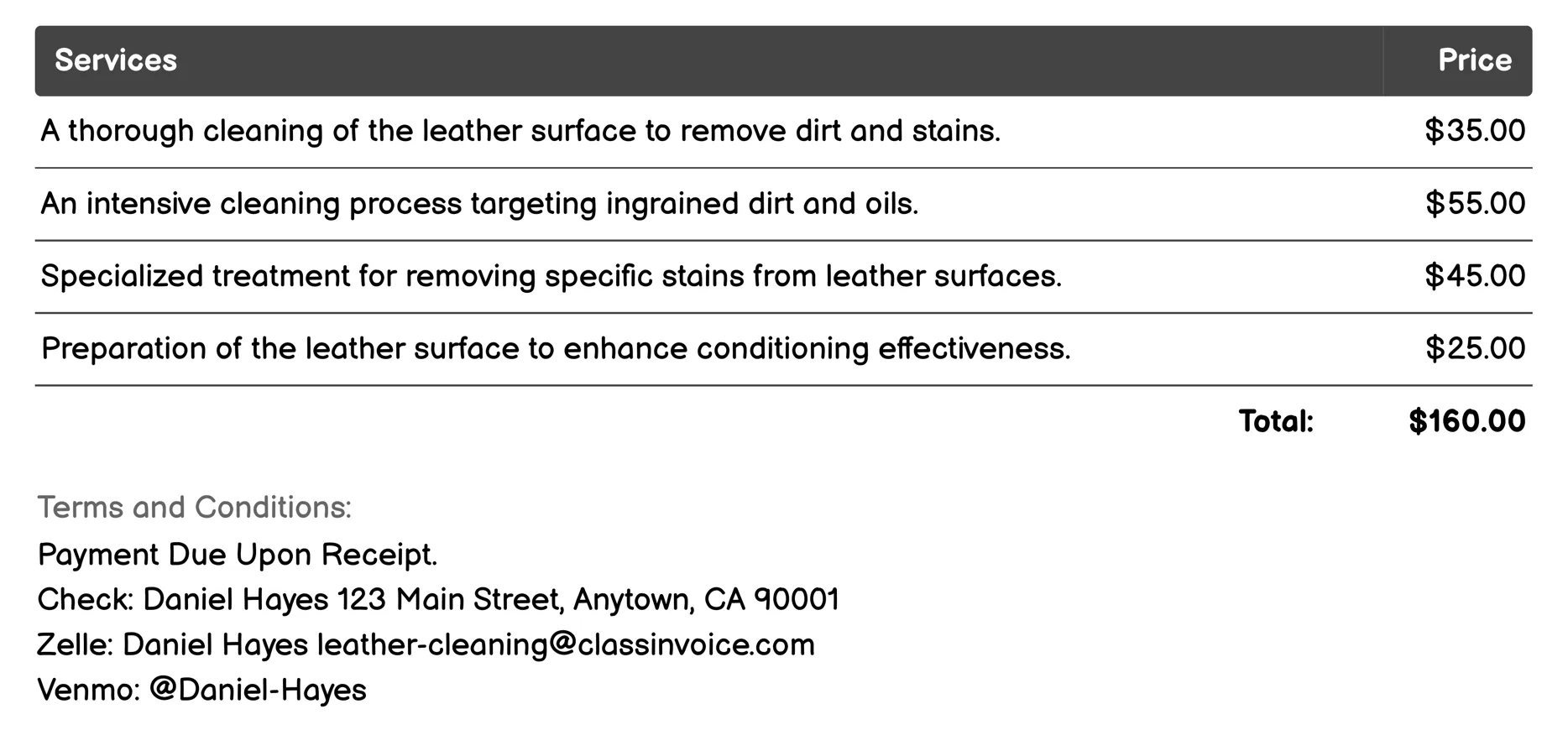 Leather Conditioning Service Invoice Example
