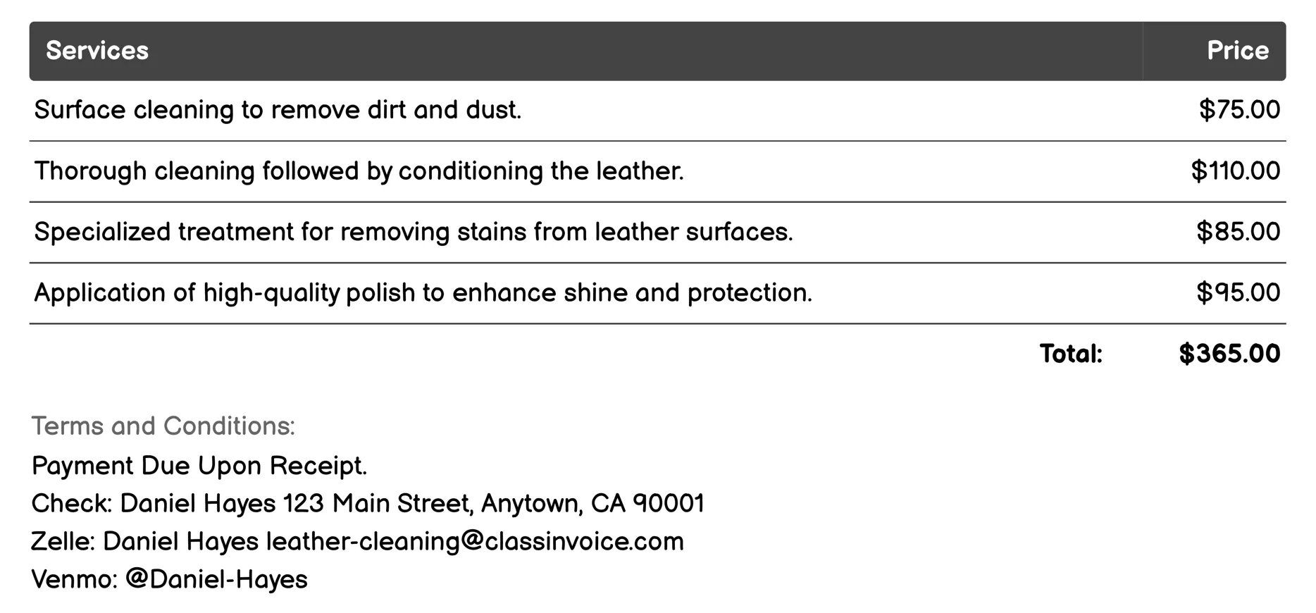 Leather Furniture Revitalization Invoice Example