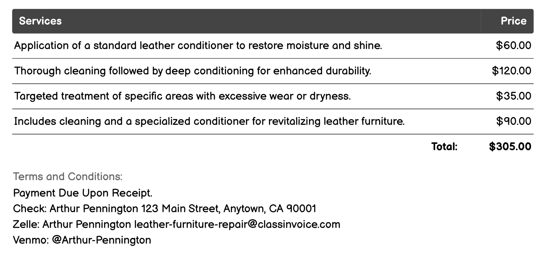 Leather Conditioning Invoice Example