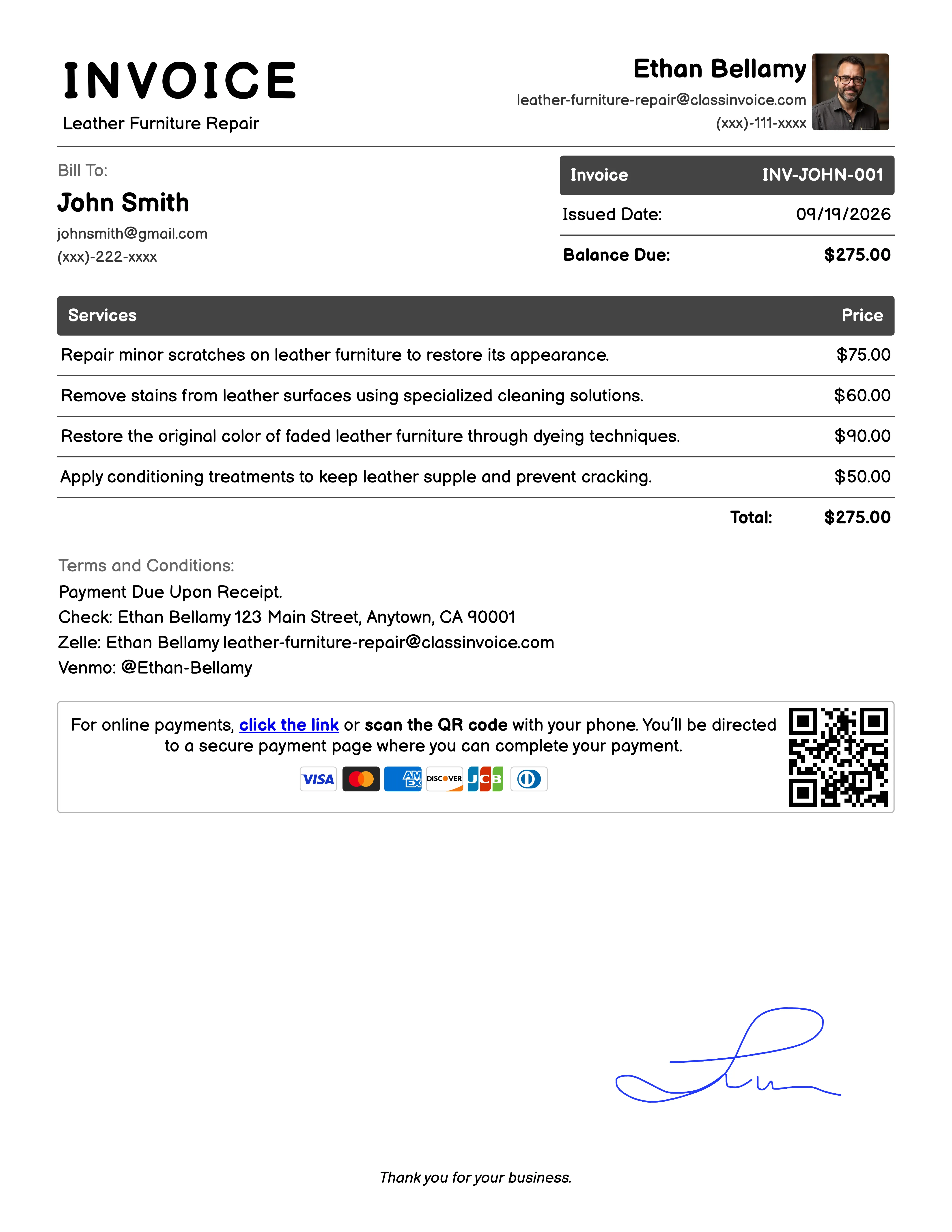 Leather Furniture Repair Invoice Example