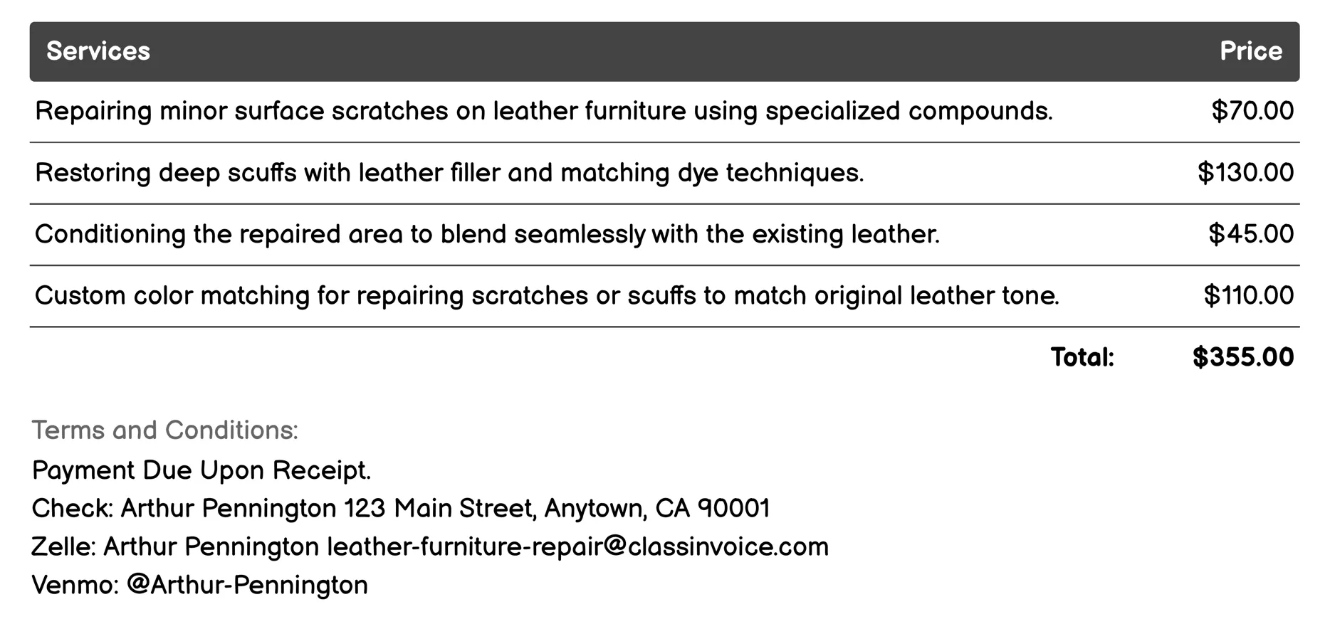 Scratch and Scuff Repair Invoice Example