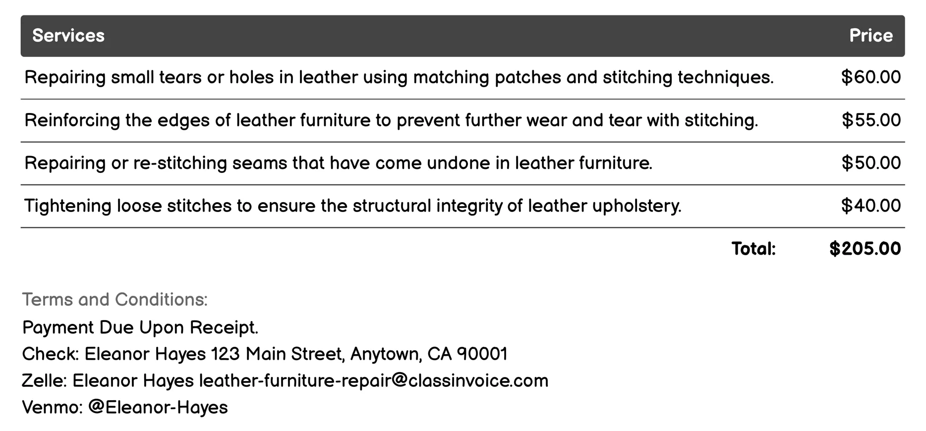 Sewing and Stitching Repair Invoice Example