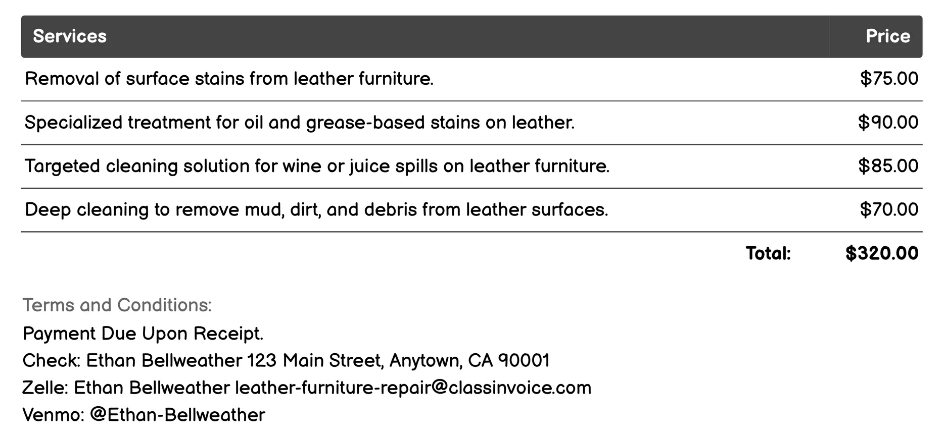 Stain Removal Invoice Example