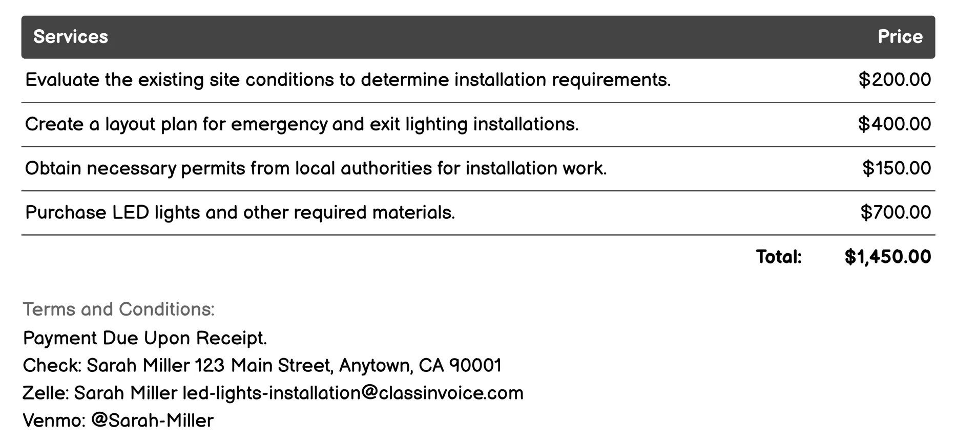 Emergency and Exit Lighting Invoice Example