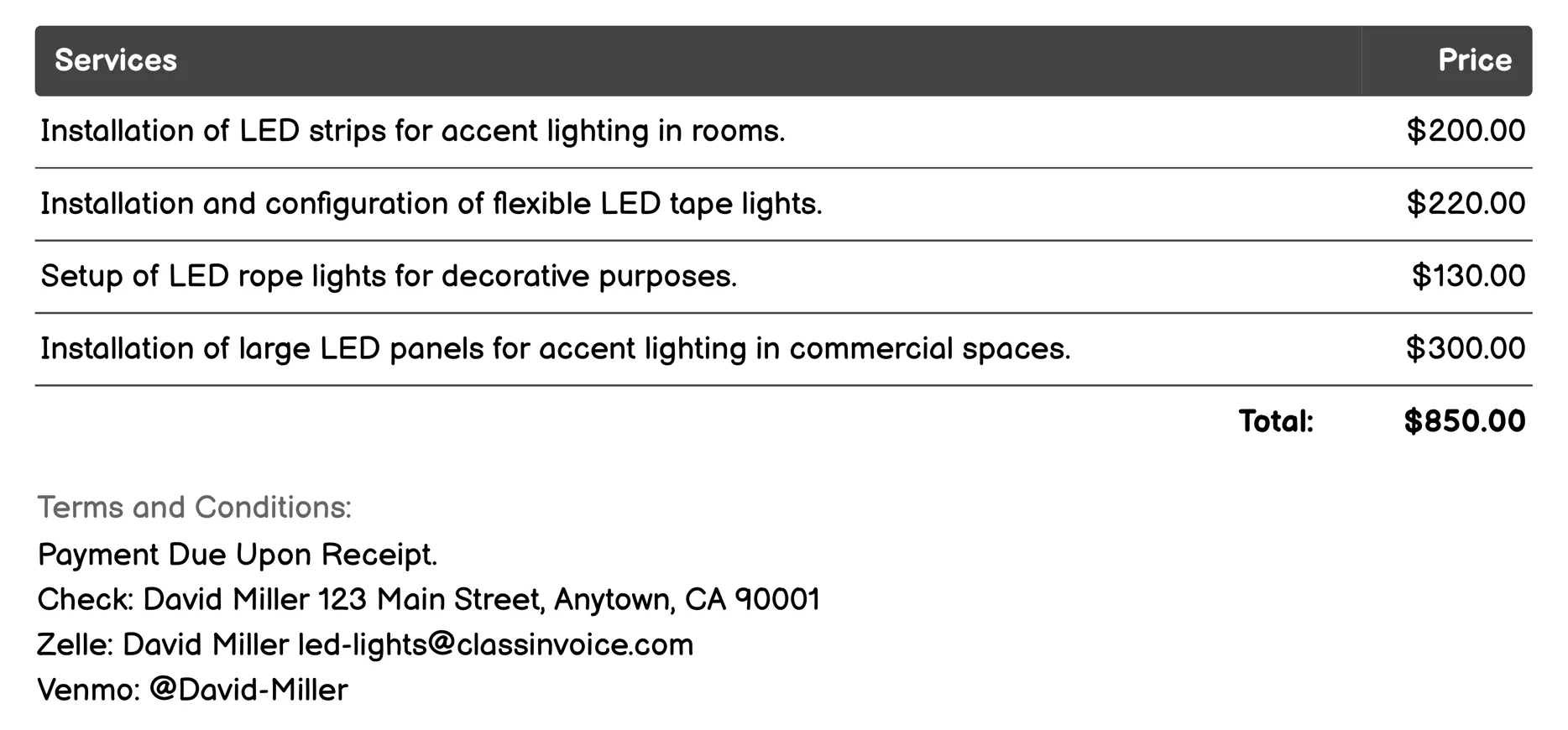 Accent Lighting Invoice Example