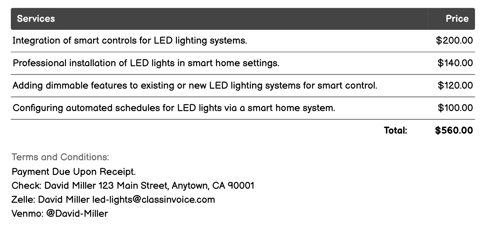 Smart Home Integration Invoice Example