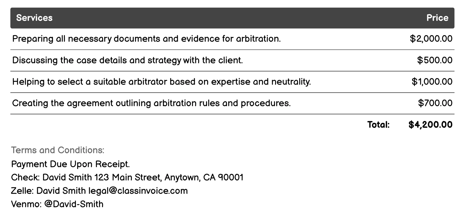 Arbitration Invoice Example