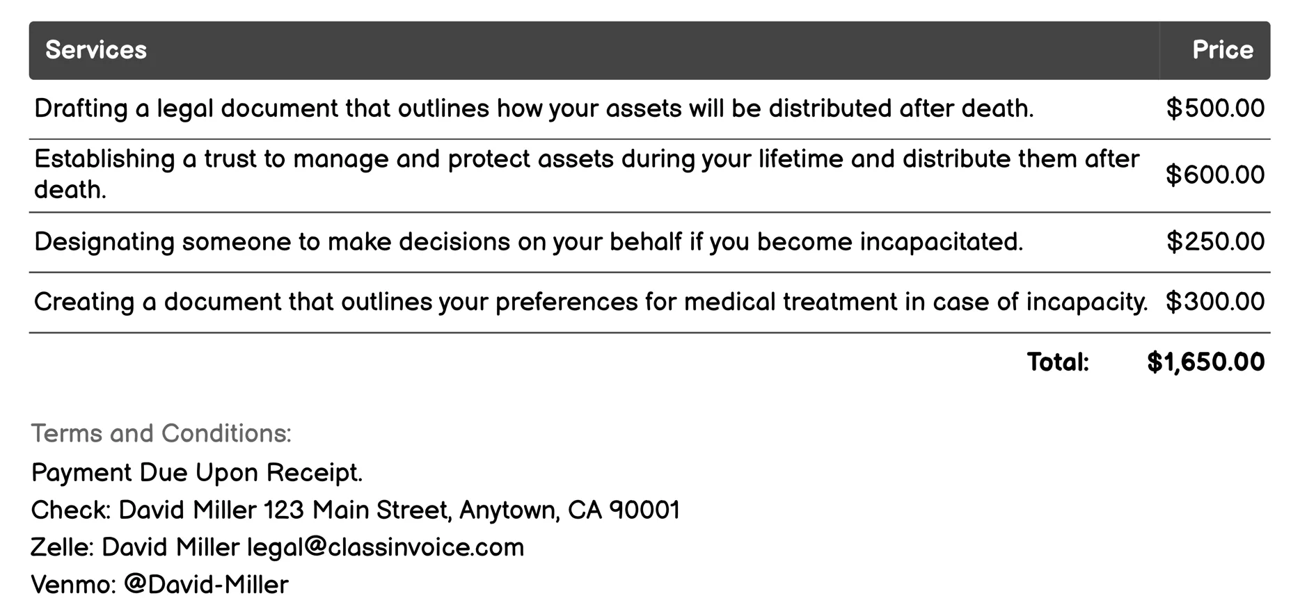Estate Planning Invoice Example