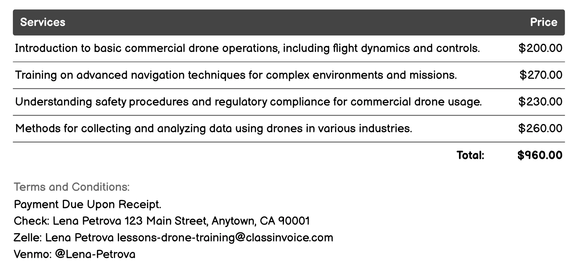 Commercial Applications Training Invoice Example