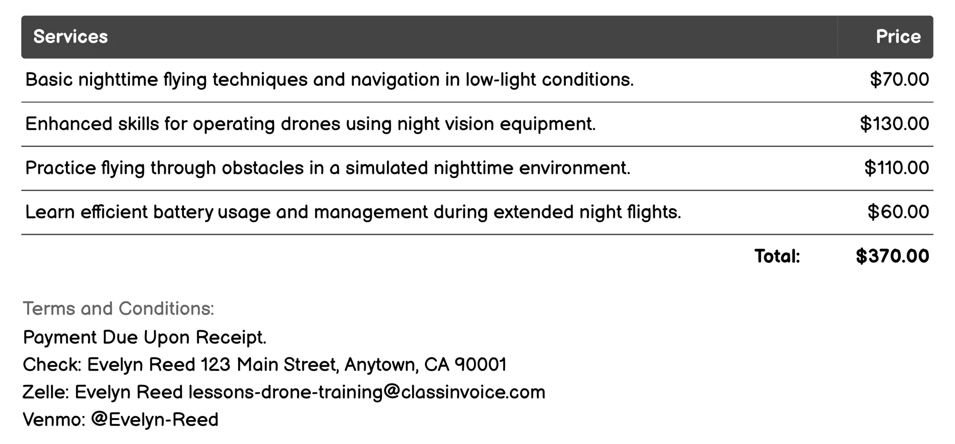 Nighttime Flying Skills Invoice Example