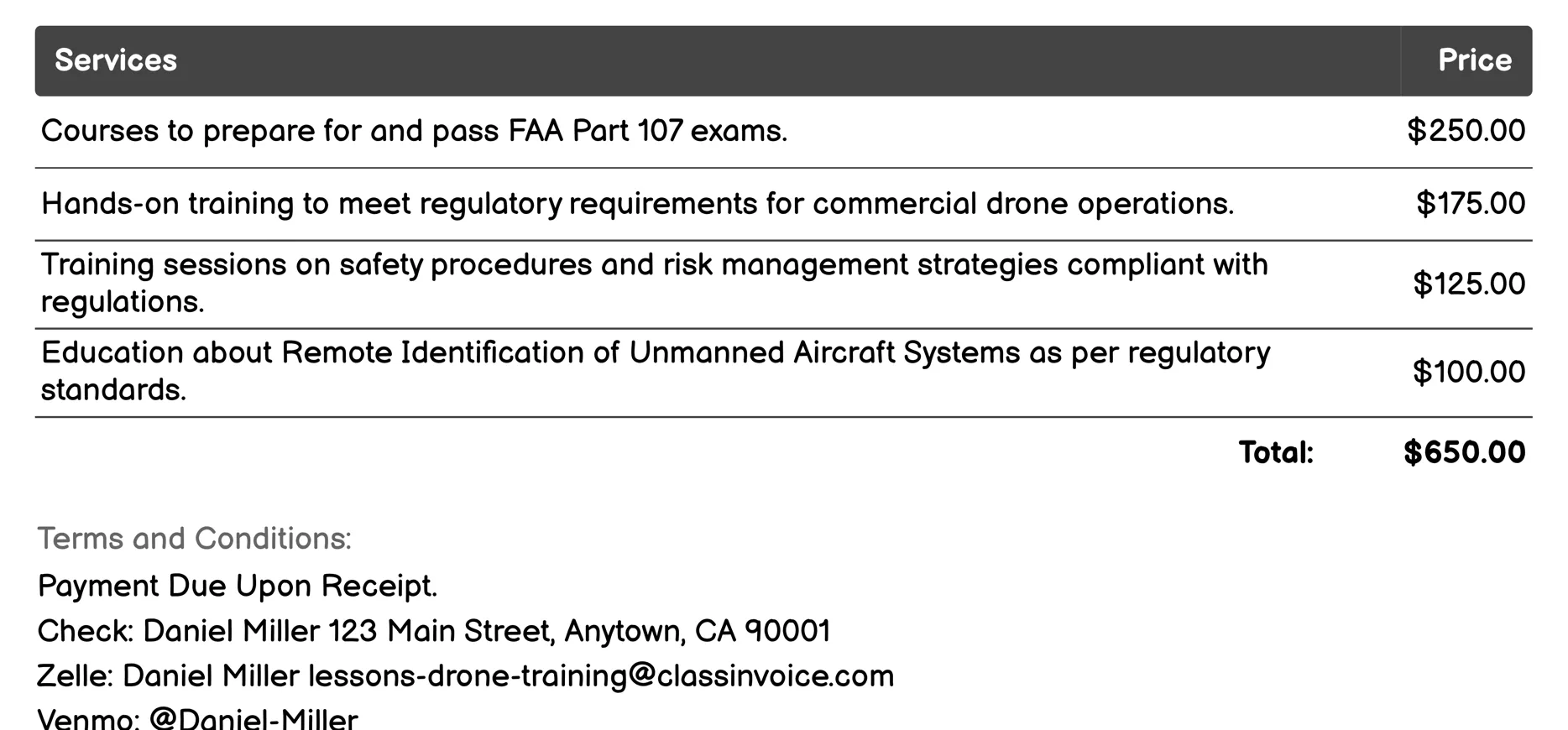 Regulatory Compliance Invoice Example